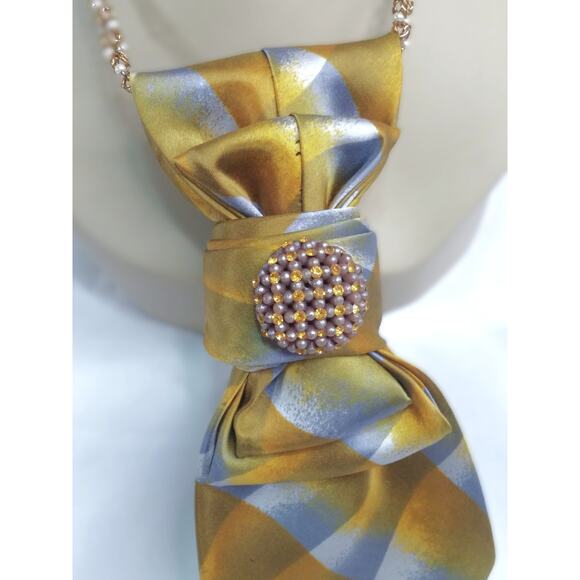 Vintage Silk Tie Necklace Artisan Italy Gold Silver Hue Upcycled Amber Jewel NEW - Picture 4 of 13